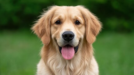 Obraz premium Adorable Golden Retriever Dog with Playful Expression Against a Soft Green Background, Perfect for Pet Lover Themes in Photography and Marketing