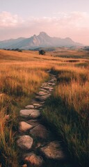 A stone path through golden grass leads to a mountain