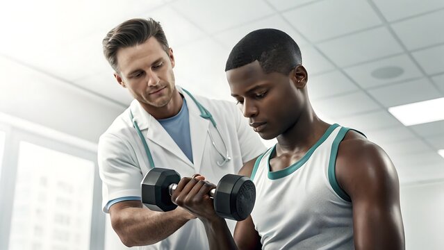 Physical Therapist Guiding Young Man in Dumbbell Exercises for Rehabilitation and Strength Recovery in a Clinical Setting