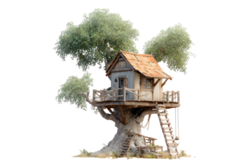 Rustic treehouse nestled in aged olive tree