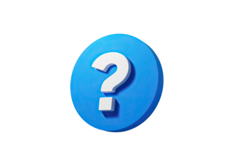A bright, rounded, light-blue circle button with a prominent white question mark graphic