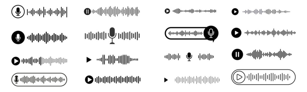 Voice message. Record voice note messages players with waveforms, playback controls and durations audio icons. Vector set 