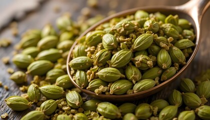 Green cardamom pods and seeds displayed in copper spoon, rich texture, warm light, photorealistic close-up, no text.