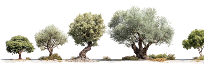 Row of olive trees of varying sizes, set against a light-colored ground cover