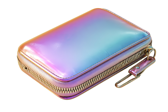 A holographic, iridescent wallet with a gold zipper