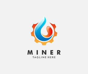 Gradient blue and orange stylized water drop or flame within an orange gear logo.