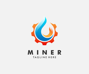 Vibrant gradient blue and orange water drop icon within a red industrial gear logo design.