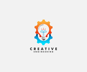 Obraz premium Modern creative engineering logo with gradient gear and bright light bulb icon.