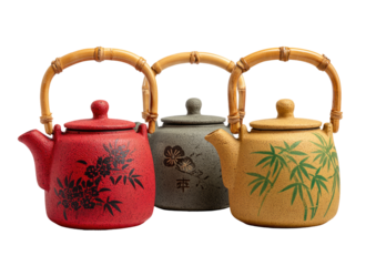 Three ceramic teapots with bamboo handles.  Each teapot has a unique design; one red with floral patterns, one grey with a simple design, and one yellow-tan with bamboo