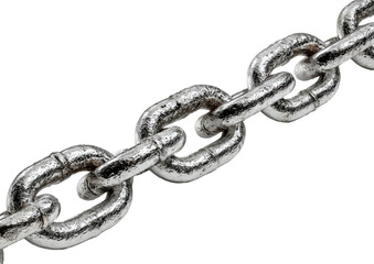 Obraz premium Close-up of a metal chain, links in a diagonal line against a black background. A section of a heavy-duty chain, showing wear and texture