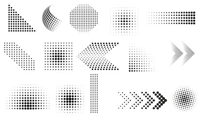 Dotted shape. Abstract halftone dot pattern with half tone gradient shapes. Vector set