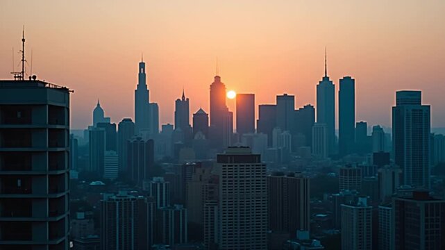 Urban skyline view from a rooftop in an American city during sunset