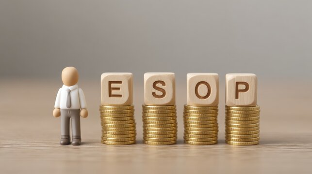 Business Figure Representing Employee Stock Ownership Plan with Stacked Coins on Wooden Table Background for Financial Concept and Investment Representation