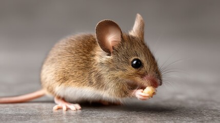 Close-up of a Small Brown Mouse Holding a Piece of Food on a Neutral Background, Showcasing Its Soft Fur and Bright Eyes in a Natural Setting