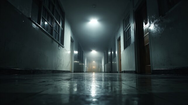Low hallway view of an empty institutional corridor
