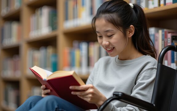 Asian young woman with disability reading book in library. High quality - Powered by Adobe