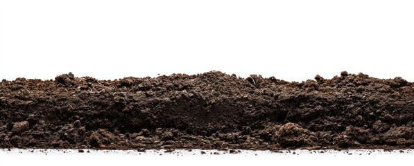 Rich, dark soil, piled up against a white backdrop, creates a sense of organic texture. A visual cue for planting or natural ground