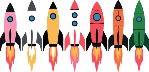 Fototapeta premium Collection of colorful cartoon rockets launching with flames spaceship space