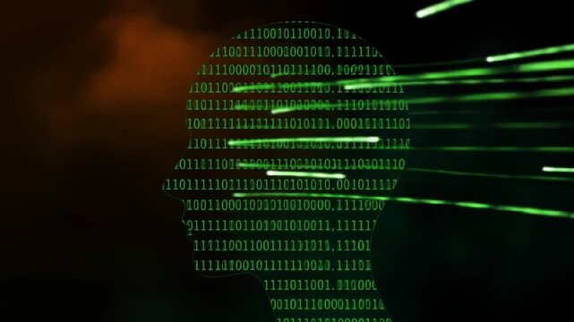 Digital Human Head Profile with Binary Code Displayed in Green on a Dark Background. 4k video