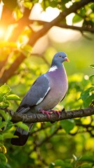 Pigeon perched on branch in sunlit tree