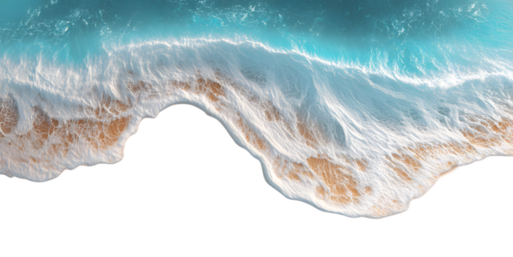 Aerial view of stunning ocean waves crashing on sandy beach with vibrant turquoise water, perfect for travel