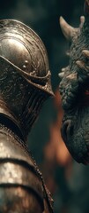 Close-up view shows a knight in ornate armor facing a horned, scaled dragon in a dimly lit forest setting, hinting at a mythical confrontation