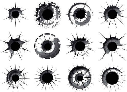 Collection of twelve black and grey bullet hole graphics on white background impact damage