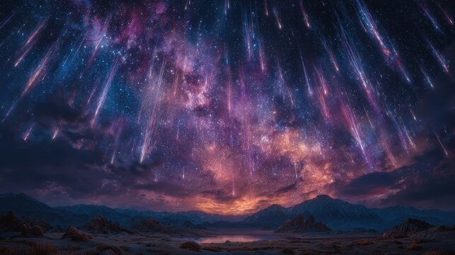 Celestial Wonder: Meteor Shower Over Majestic Mountain Landscape
