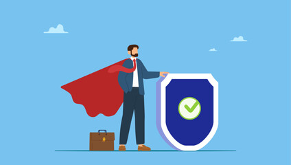 Businessman superhero holding strong protection shield. Security safety, protection or shielding insurance, privacy protect, defense from cyber attack, safeguard, guarantee or threats control.