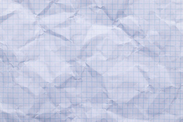 White crumpled texture of paper with blue grid, blank template wrinkly background with copy space
