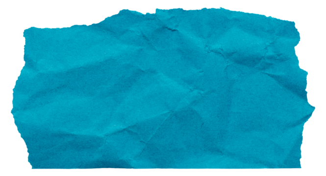 Rectangular torn piece of ocean blue crumpled paper isolated to create collage in bright colors