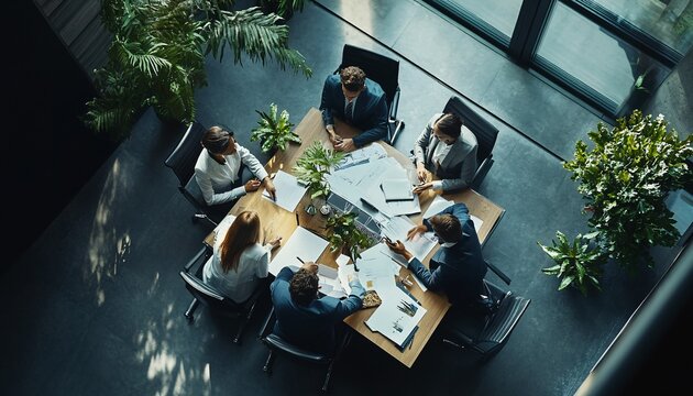 A group of businesspeople are sitting around a large wooden table, reviewing documents and collaborating on a project together.
