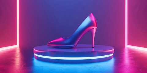 Sleek high heel shoe displayed on a futuristic neon-lit platform