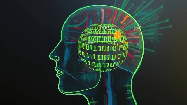 Digital Human Head Profile with Binary Code Displayed in Green on a Dark Background. 4k video