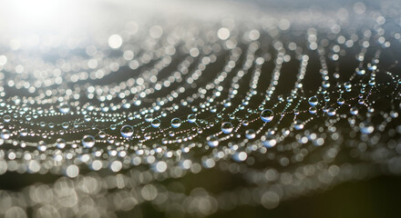A close up of a spider web covered in water droplets with a blurred background of green and white light