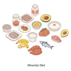 diversity diet featuring fish avocado sweet potato yogurt for healthy eating lifestyle balance wellness