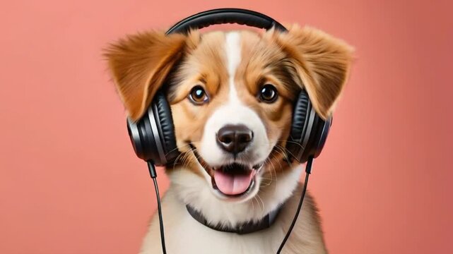 A cute dog with brown and white fur is wearing a headset, looking at the camera with a friendly and approachable expression, suggesting professionalism and customer service