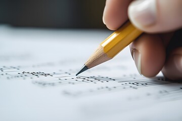 Close-up of Hand Sketching Detailed Music Notes with Yellow Pencil.