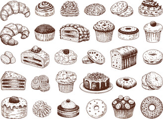 Hand drawn collection of various baked goods and pastries in brown ink croissant pastry