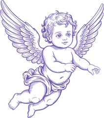 Naklejka premium Purple cherub angel with feathered wings flying against white background baby infant