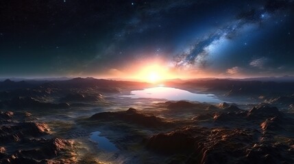Obraz premium A vibrant alien sunrise over a mountainous lake