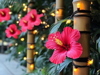 Red Hibiscus Flowers with Glowing Lights and Bamboo
