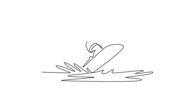 Animated self drawing of continuous line draw young male athlete carving wakeboarding turn. Representing athletic skill, balance, and the thrilling freedom of the sport. Full length one line animation