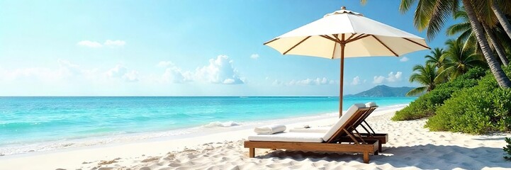 Obraz premium Relaxing beach scene featuring comfortable beds under a large beach umbrella, perfect for a sunny day at the seaside Ideal for travel, vacation, and summer themes , day, leisure, vibrant