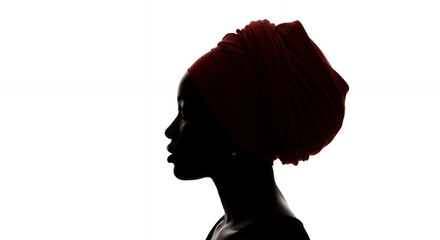 Silhouette of a woman with a red headwrap against a bright white background in profile view