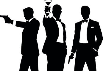Three men in suits with guns and a martini glass silhouette tuxedo bow tie