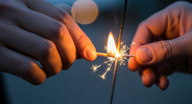 A person lighting a sparkler with a match creating bright sparks and a warm glow in the dark evening