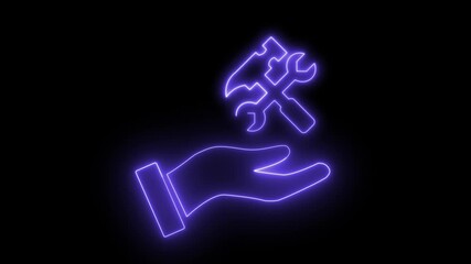 Neon light animation of hand holding tools icon