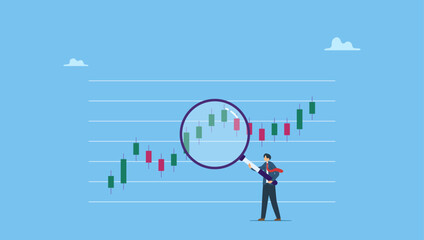 Businessman trader magnify candlestick chart. Technical analysis trader to analyze stock market or crypto currency data movement, trend analysis to take profit, buy and sell indicator chart.
