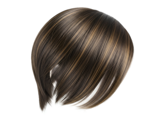 A close-up view of a styled short haircut with rich brown and blonde highlights.